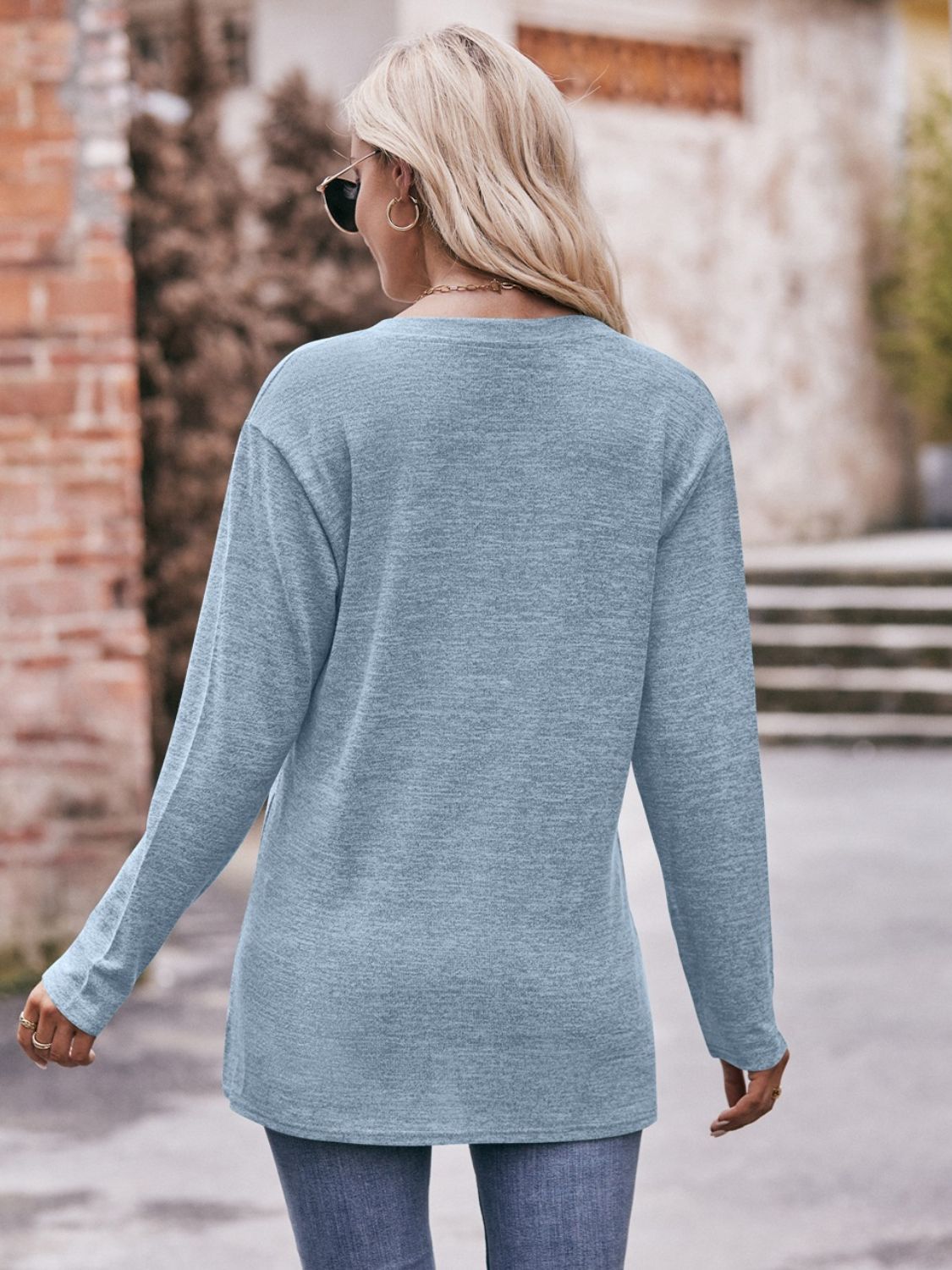 Buttoned Notched Neck Long Sleeve Top - Mervyns