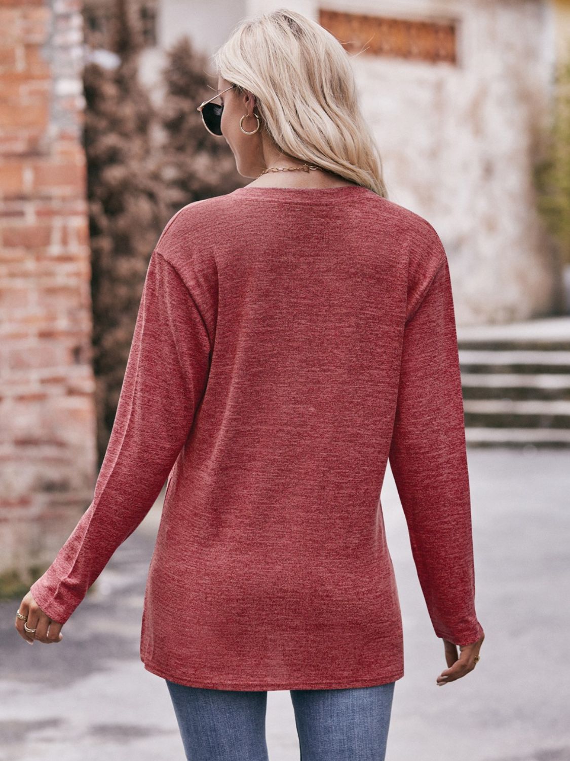 Buttoned Notched Neck Long Sleeve Top - Mervyns