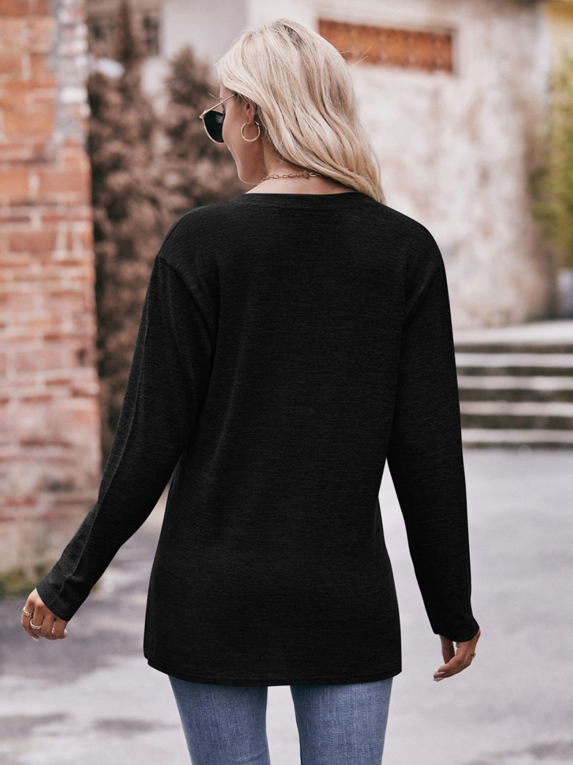 Buttoned Notched Neck Long Sleeve Top - Mervyns