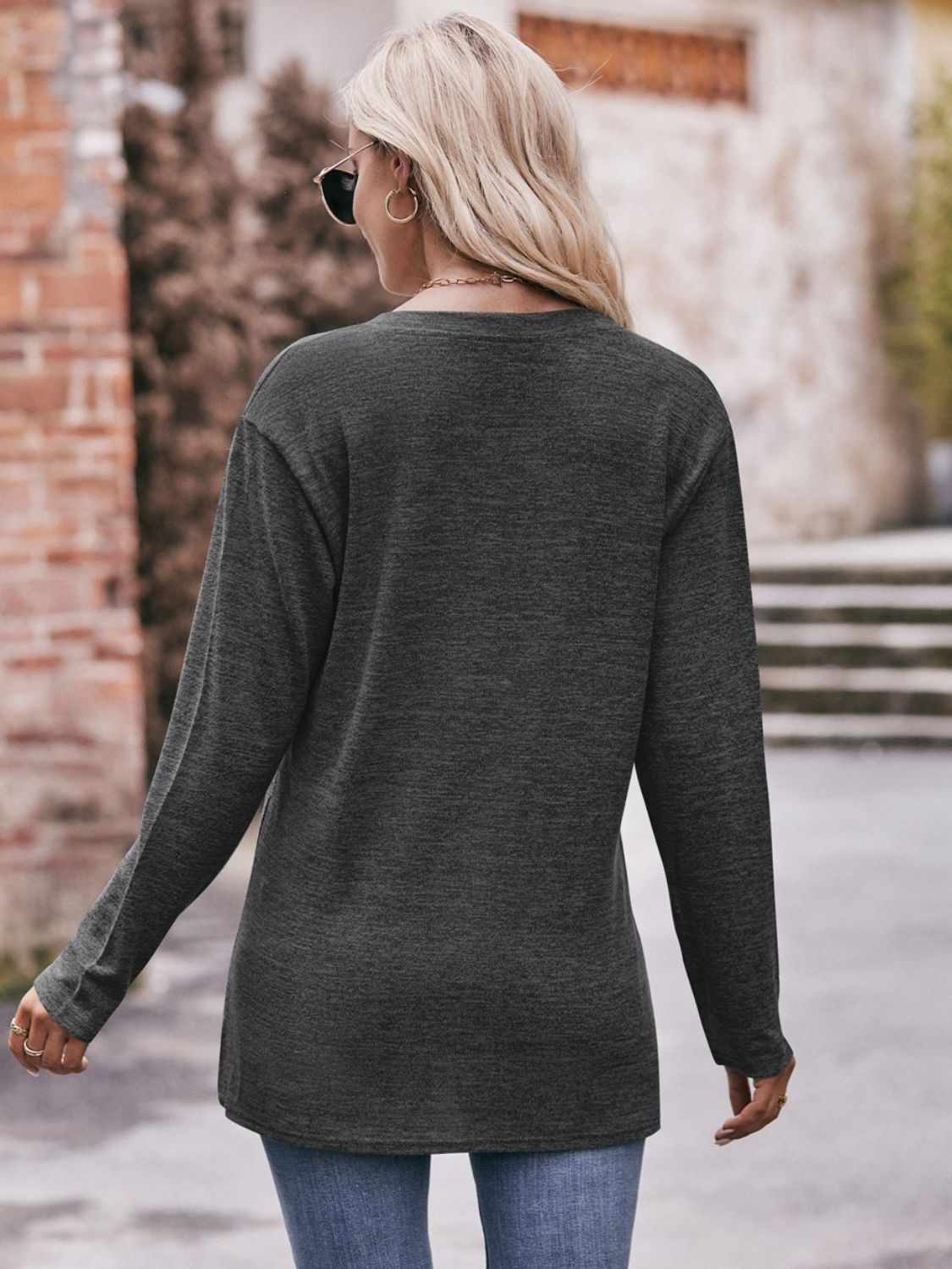 Buttoned Notched Neck Long Sleeve Top - Mervyns