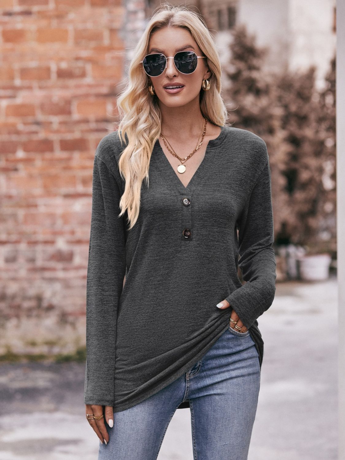 Buttoned Notched Neck Long Sleeve Top - Mervyns