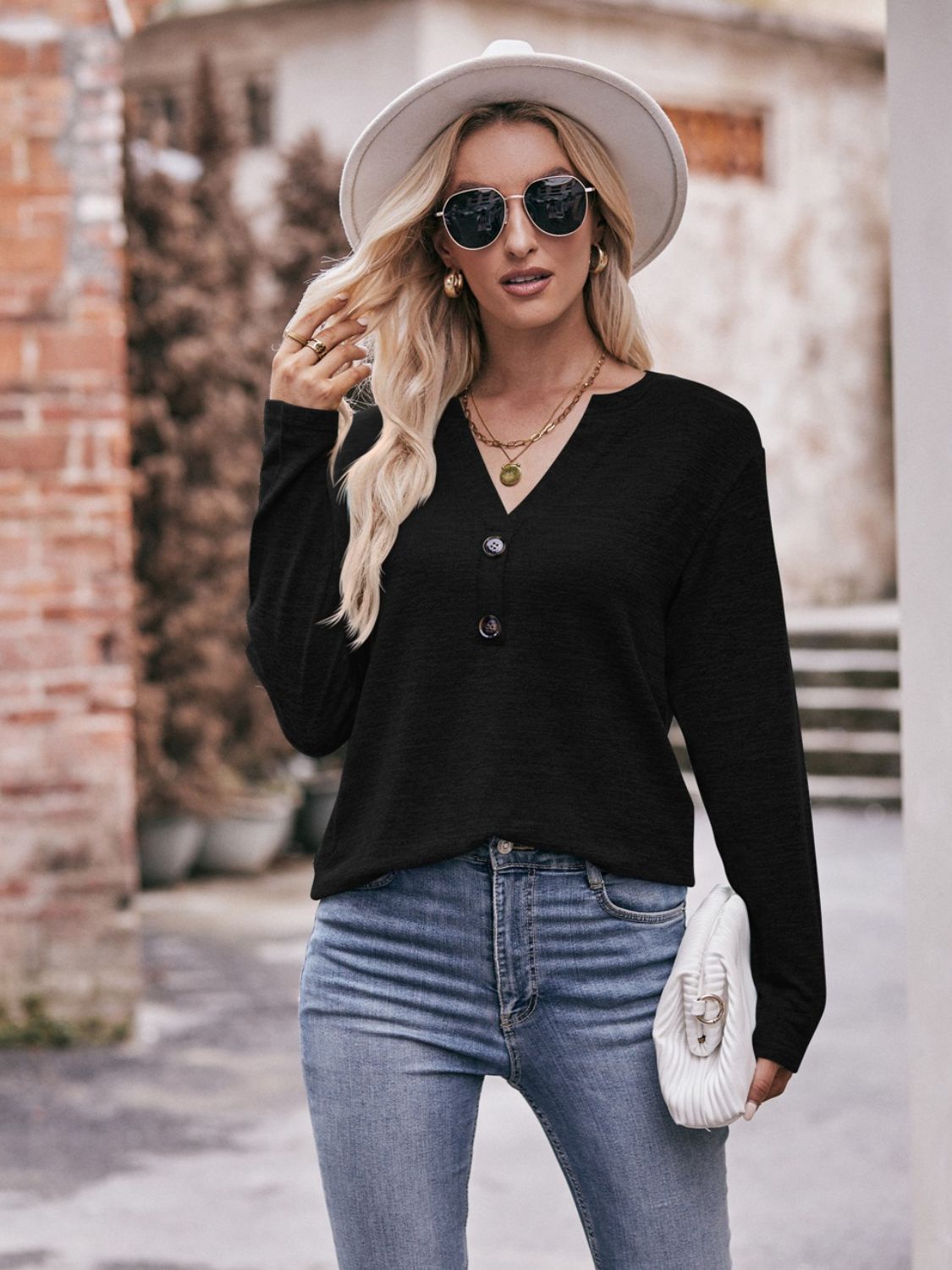 Buttoned Notched Neck Long Sleeve Top - Mervyns