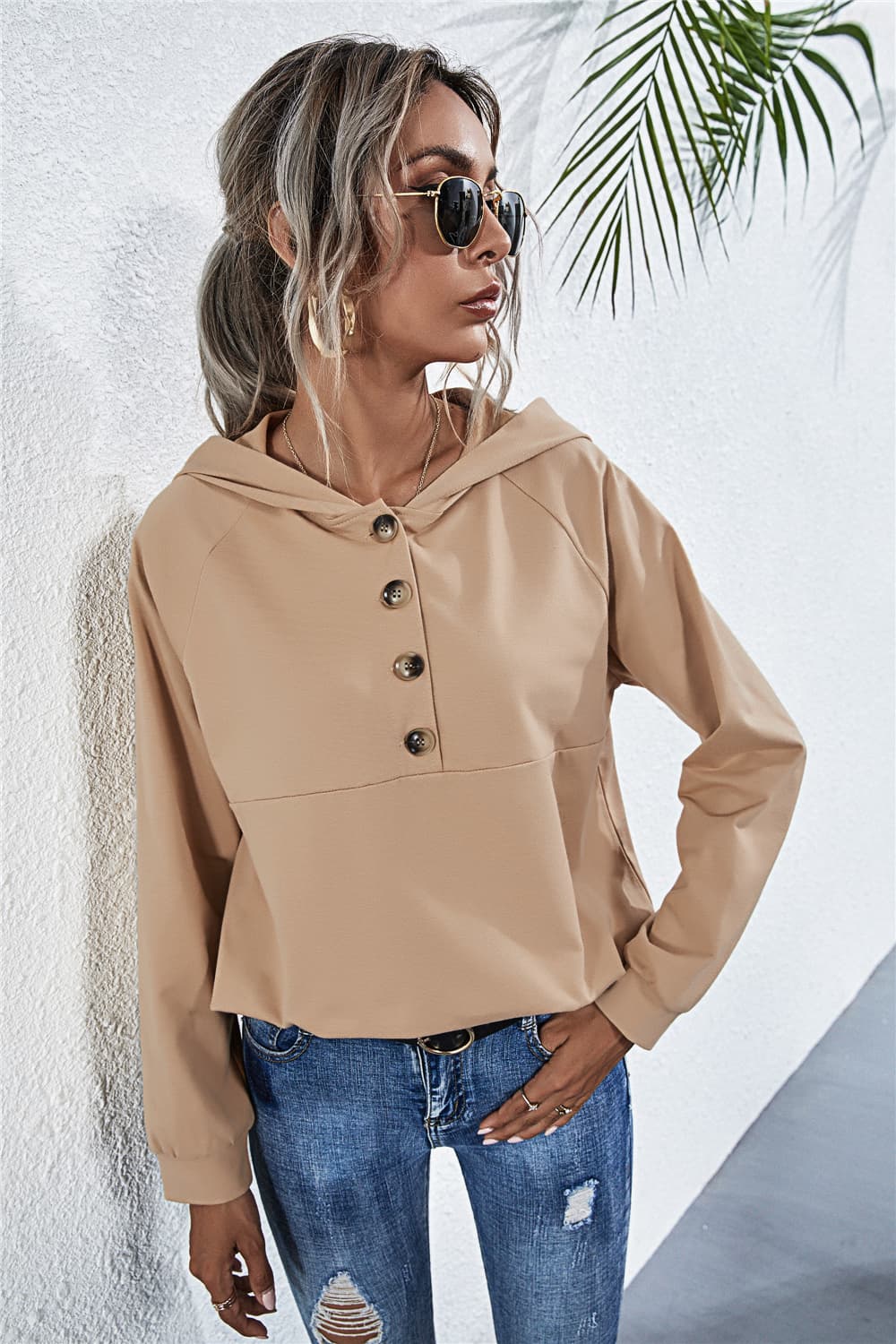 Buttoned Raglan Sleeve Hooded Blouse - Mervyns