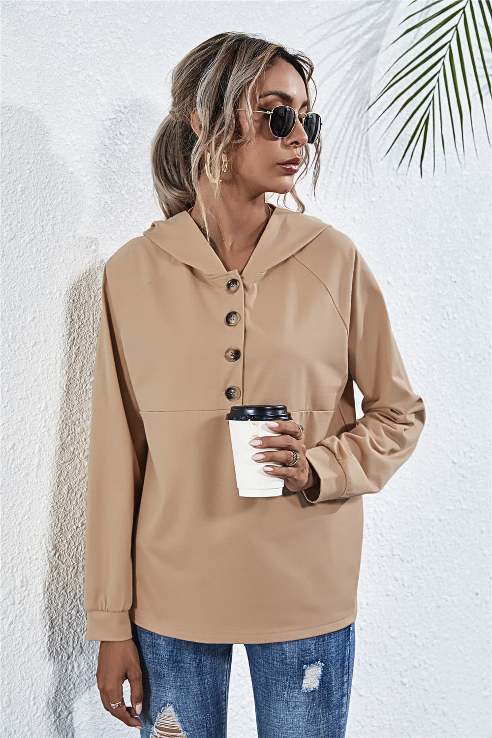 Buttoned Raglan Sleeve Hooded Blouse - Mervyns