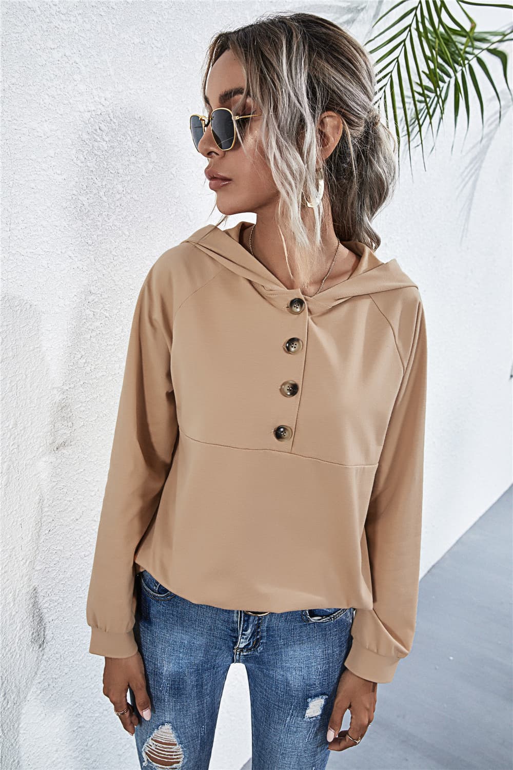 Buttoned Raglan Sleeve Hooded Blouse - Mervyns