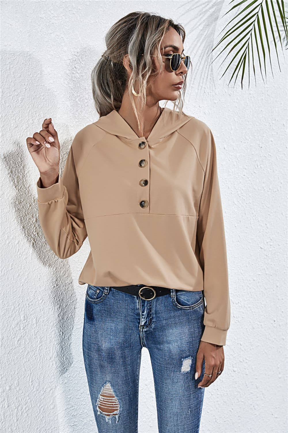 Buttoned Raglan Sleeve Hooded Blouse - Mervyns