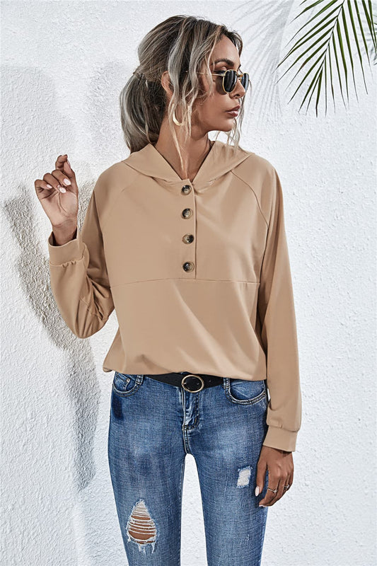 Buttoned Raglan Sleeve Hooded Blouse - Mervyns