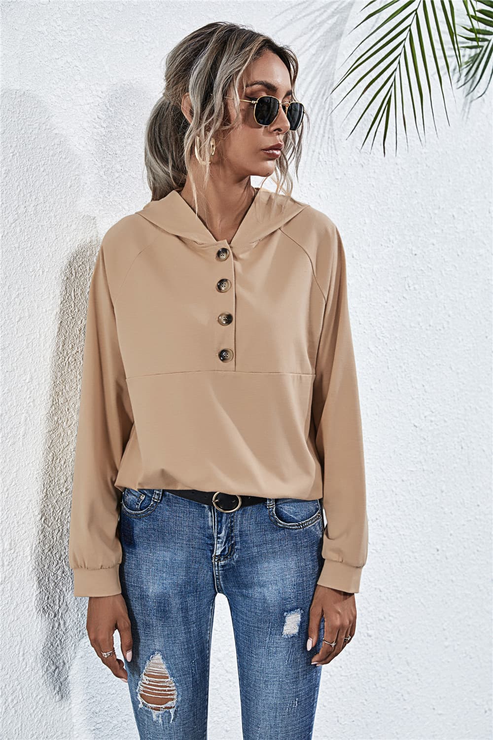 Buttoned Raglan Sleeve Hooded Blouse - Mervyns