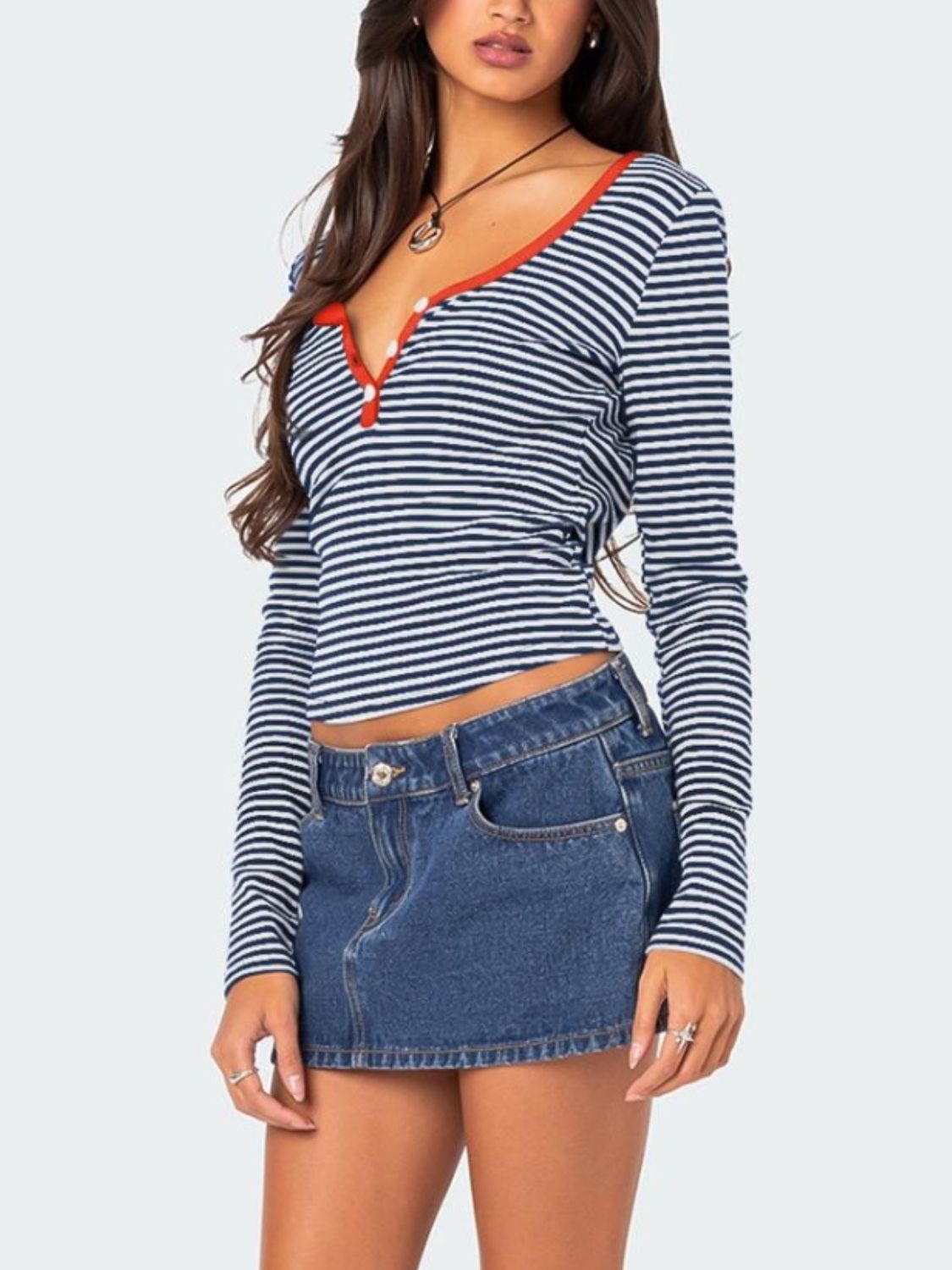 Buttoned Striped Long Sleeve T-Shirt - Mervyns