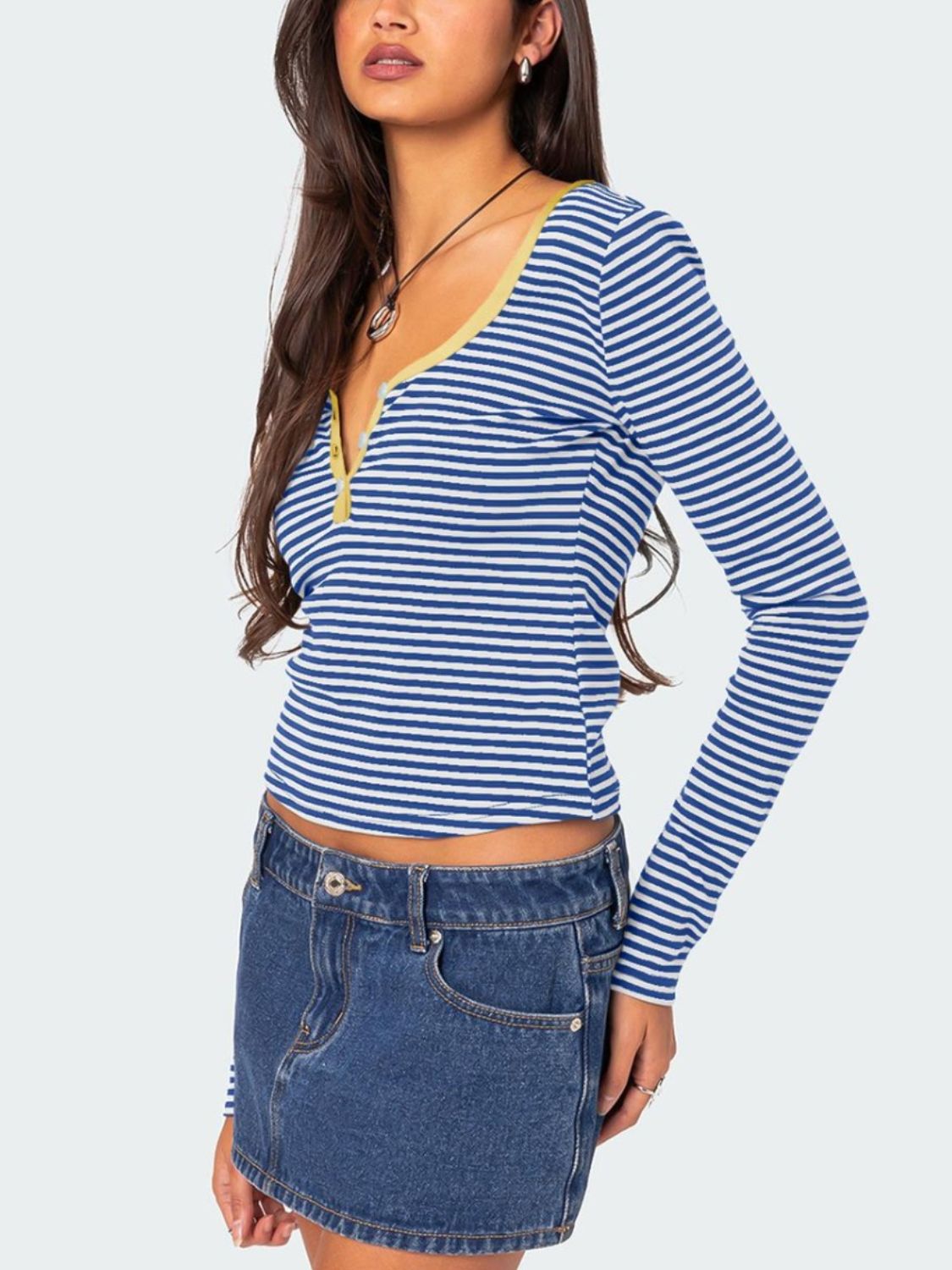 Buttoned Striped Long Sleeve T-Shirt - Mervyns