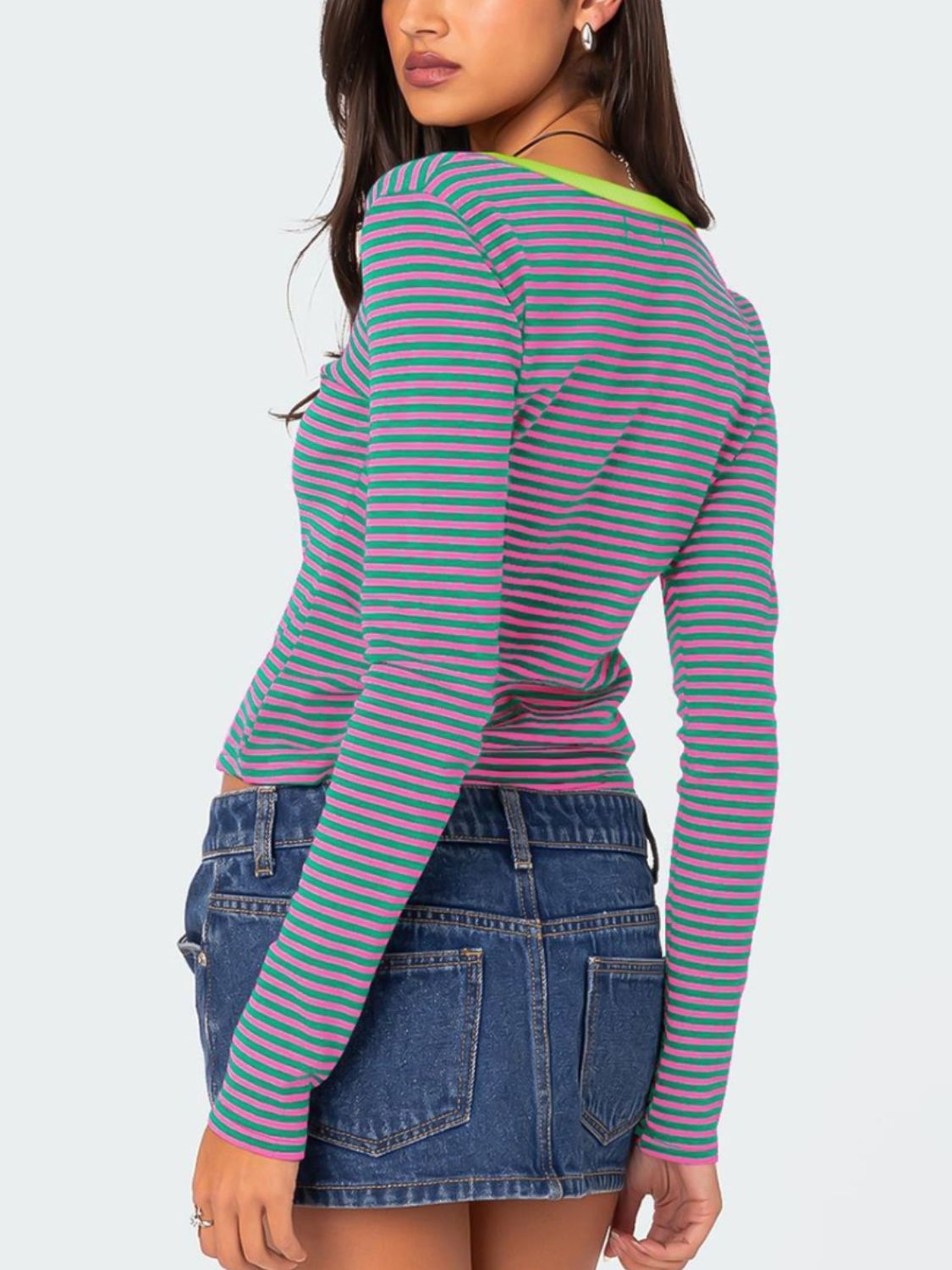 Buttoned Striped Long Sleeve T-Shirt - Mervyns