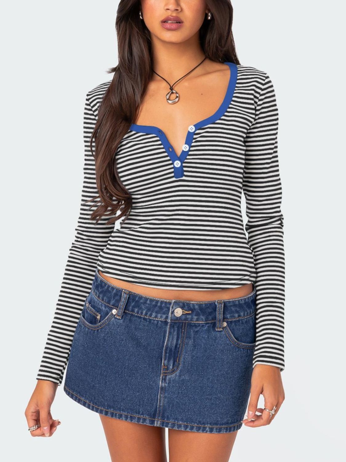 Buttoned Striped Long Sleeve T-Shirt - Mervyns