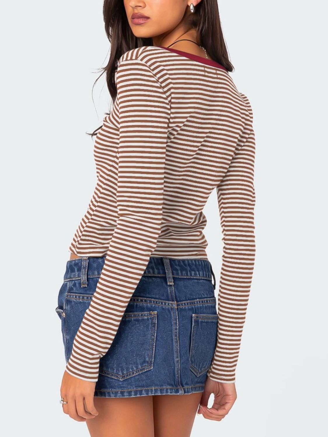 Buttoned Striped Long Sleeve T-Shirt - Mervyns