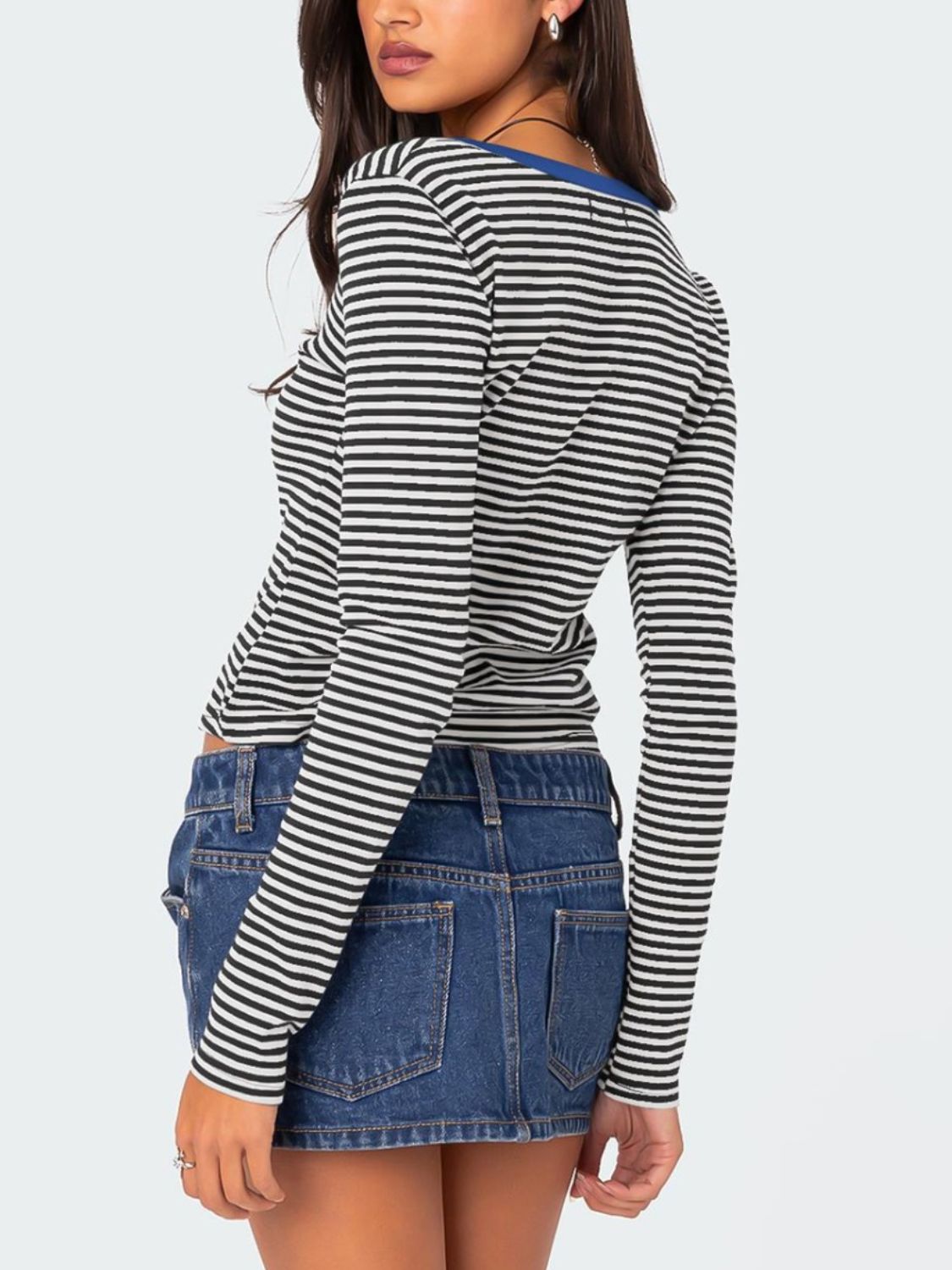 Buttoned Striped Long Sleeve T-Shirt - Mervyns