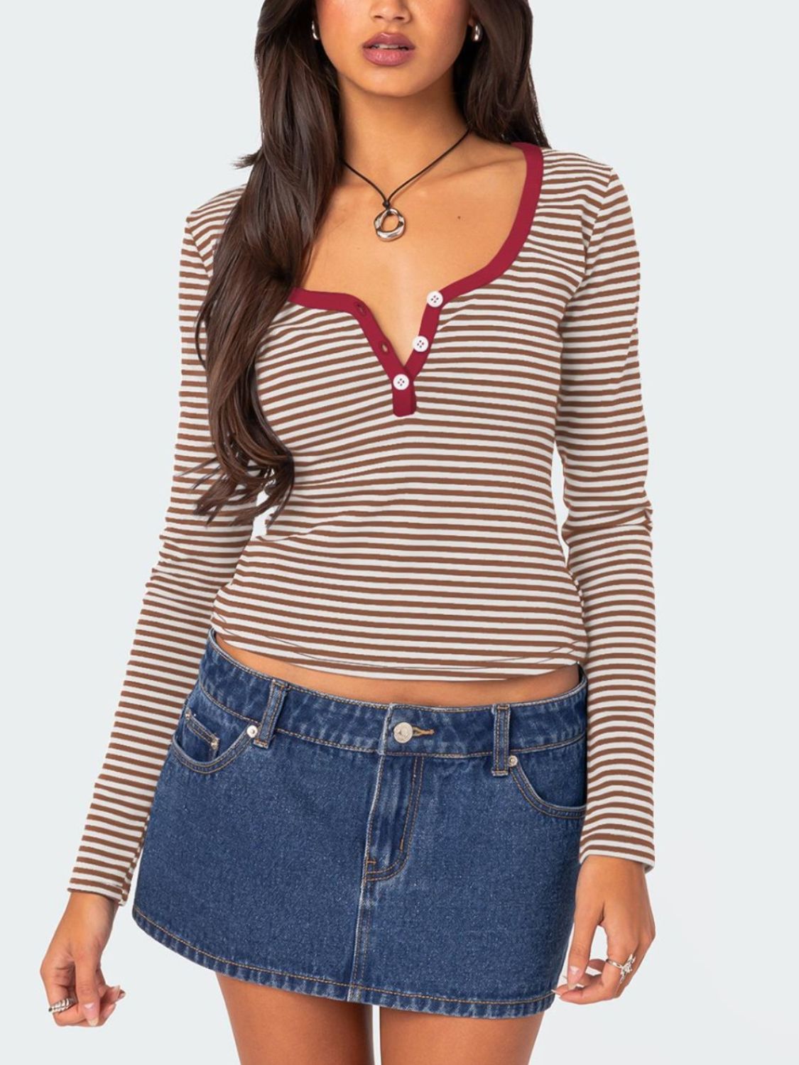 Buttoned Striped Long Sleeve T-Shirt - Mervyns