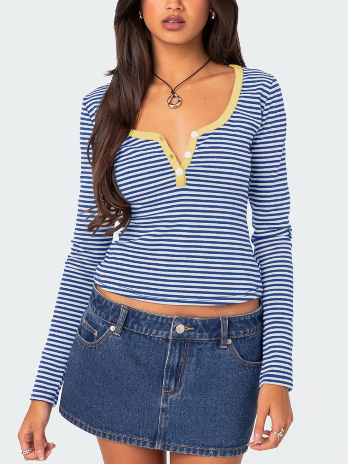 Buttoned Striped Long Sleeve T-Shirt - Mervyns