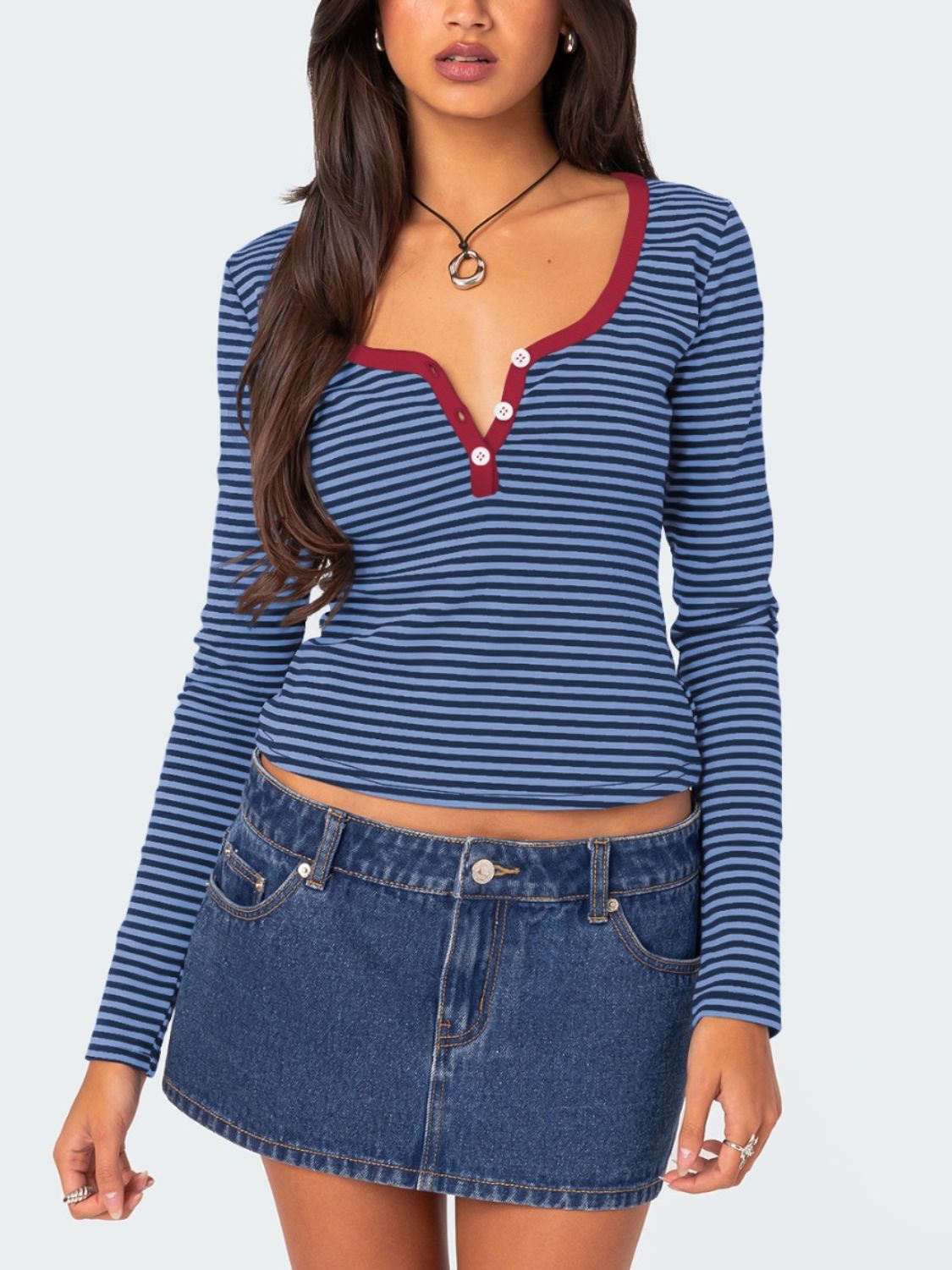 Buttoned Striped Long Sleeve T-Shirt - Mervyns