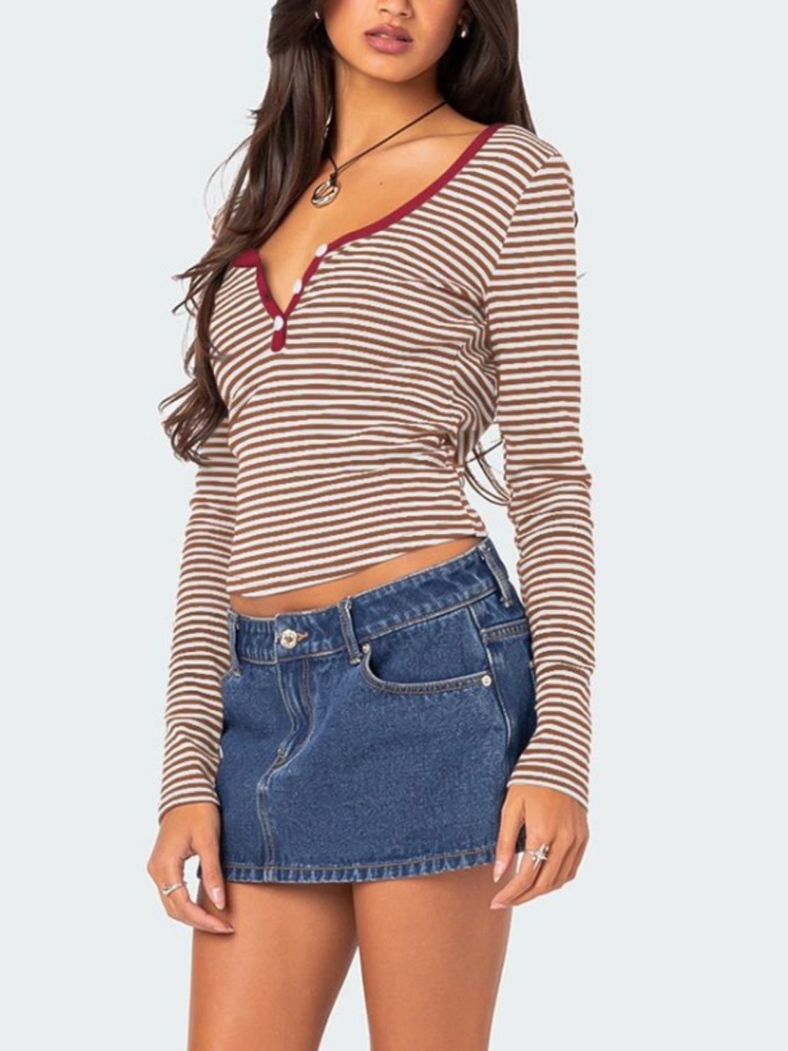 Buttoned Striped Long Sleeve T-Shirt - Mervyns