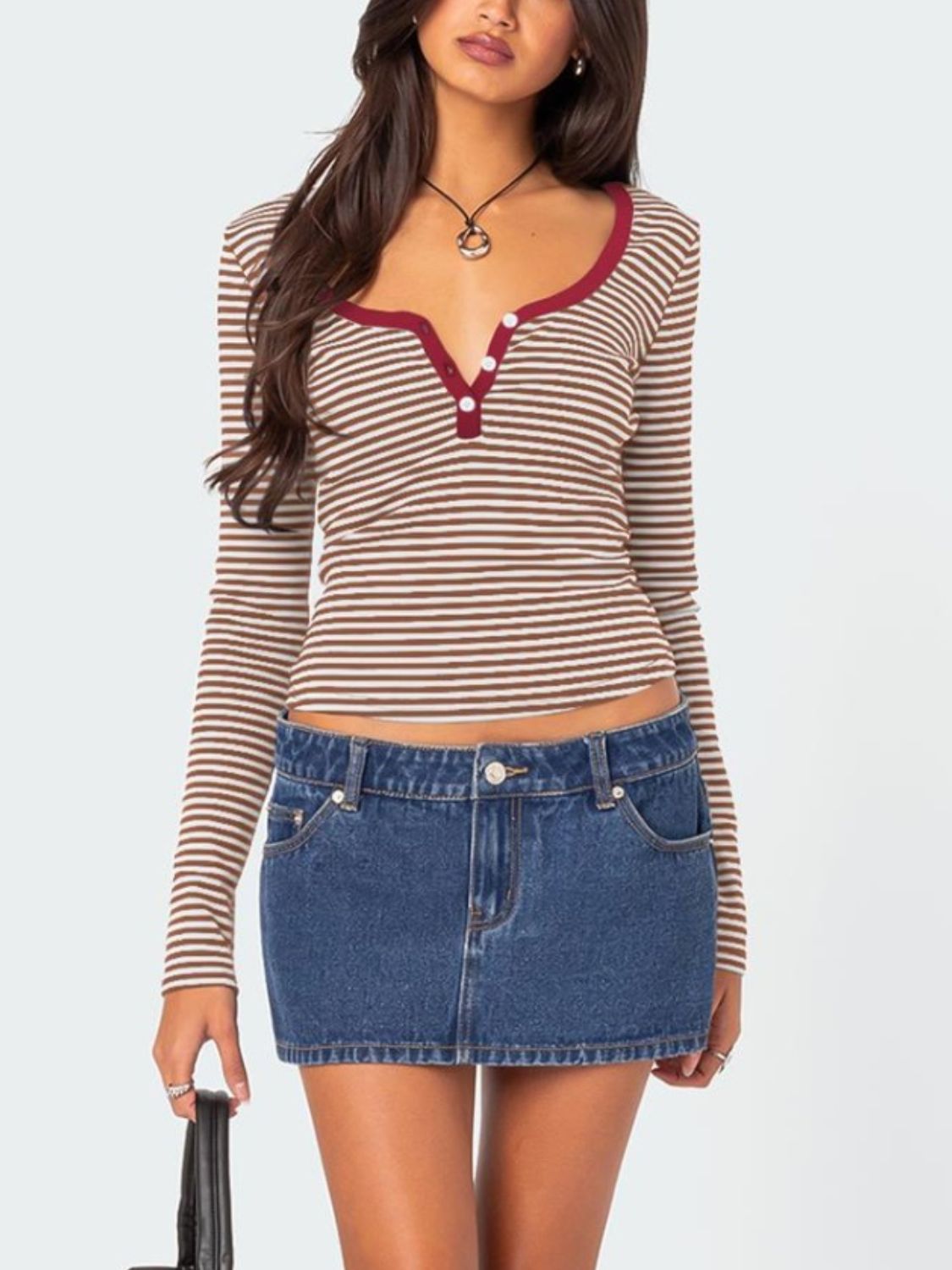 Buttoned Striped Long Sleeve T-Shirt - Mervyns