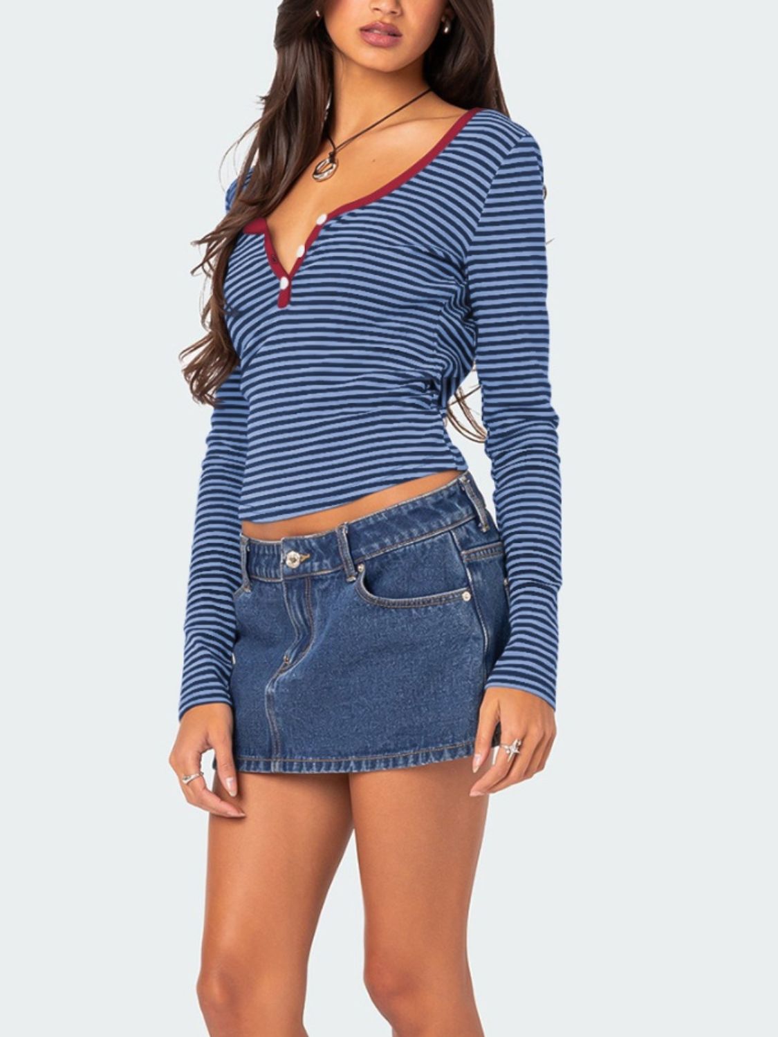 Buttoned Striped Long Sleeve T-Shirt - Mervyns