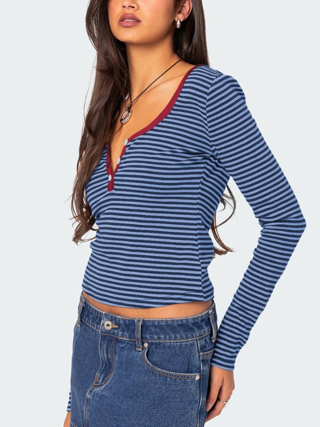 Buttoned Striped Long Sleeve T-Shirt - Mervyns