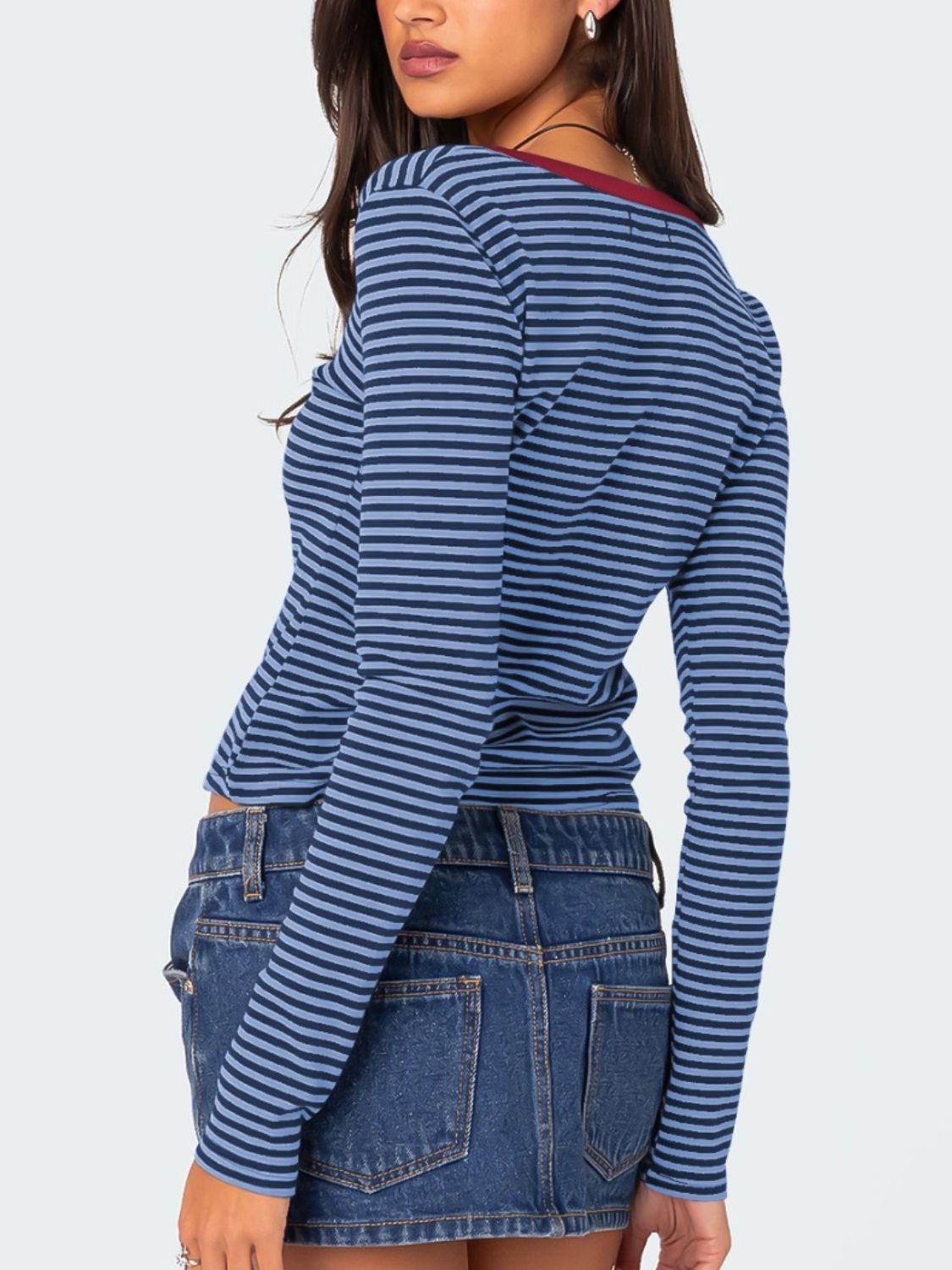 Buttoned Striped Long Sleeve T-Shirt - Mervyns