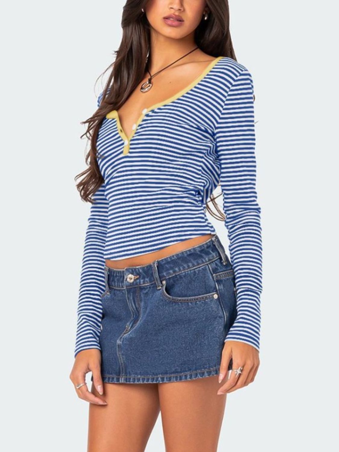 Buttoned Striped Long Sleeve T-Shirt - Mervyns