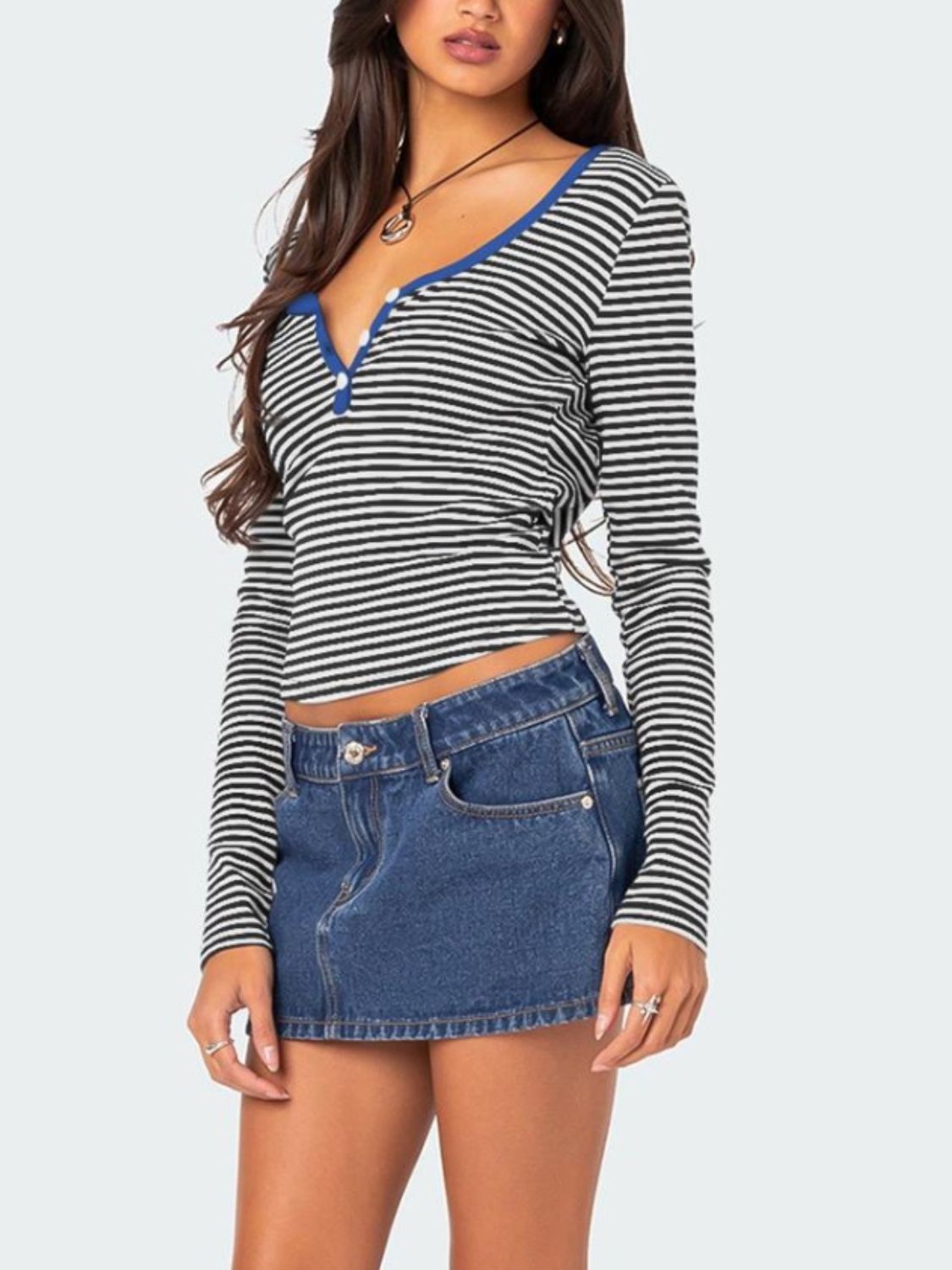 Buttoned Striped Long Sleeve T-Shirt - Mervyns