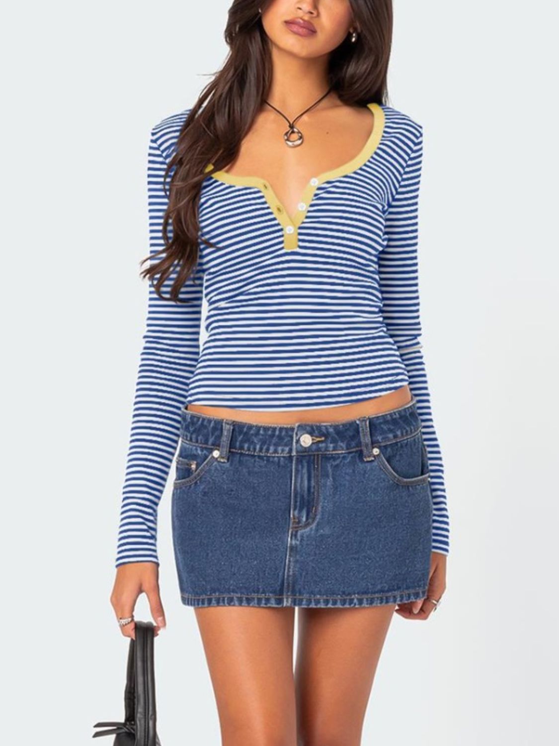 Buttoned Striped Long Sleeve T-Shirt - Mervyns