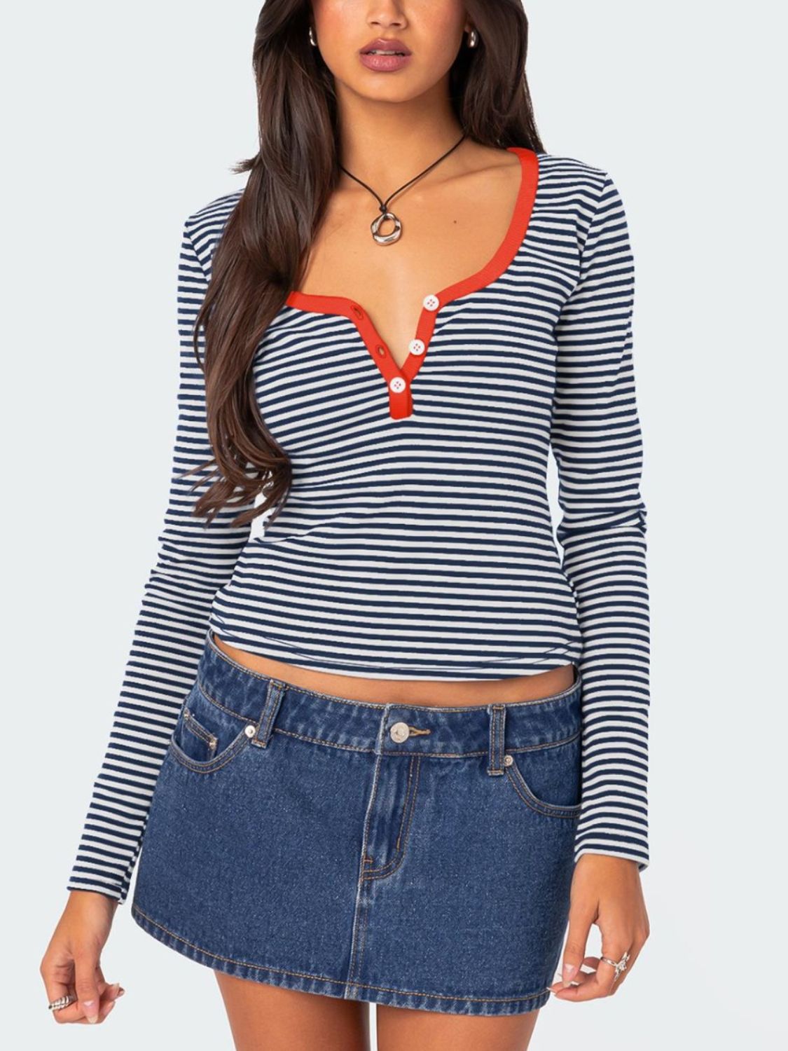 Buttoned Striped Long Sleeve T-Shirt - Mervyns