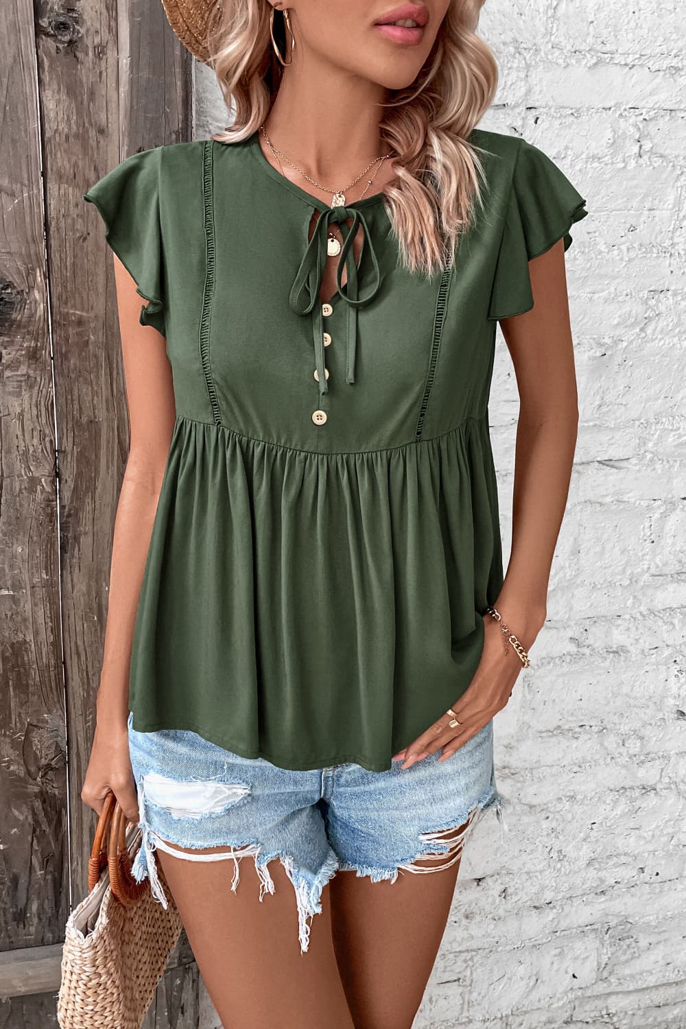 Buttoned Tie Neck Flutter Sleeve Babydoll Top - Mervyns