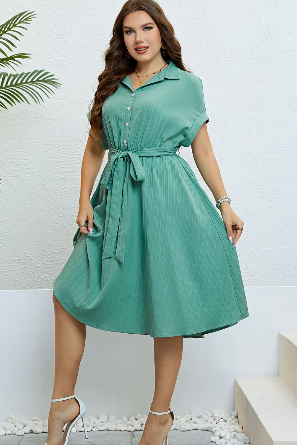 Buttoned Tie - Waist Shirt Dress - Mervyns