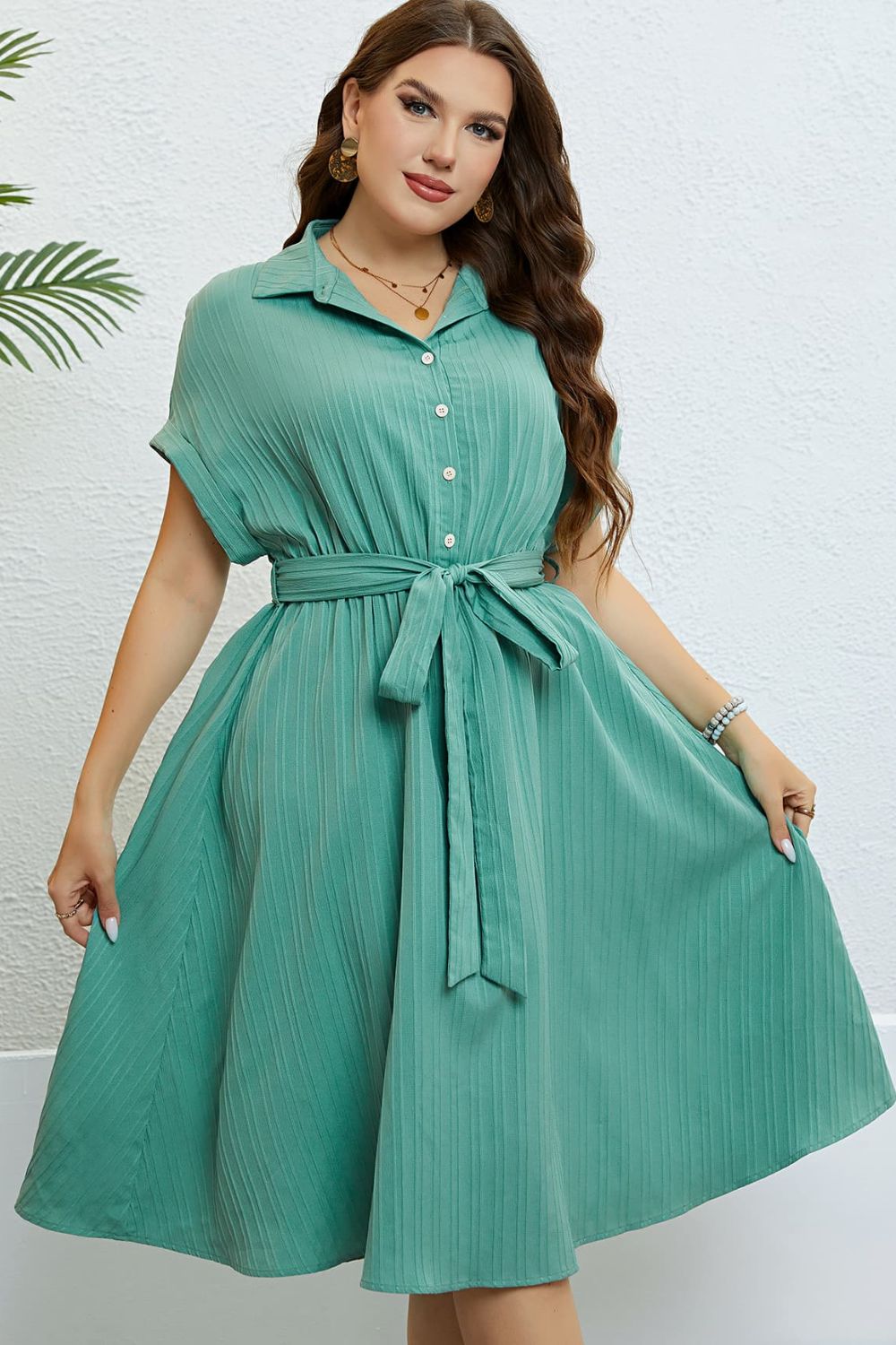 Buttoned Tie - Waist Shirt Dress - Mervyns