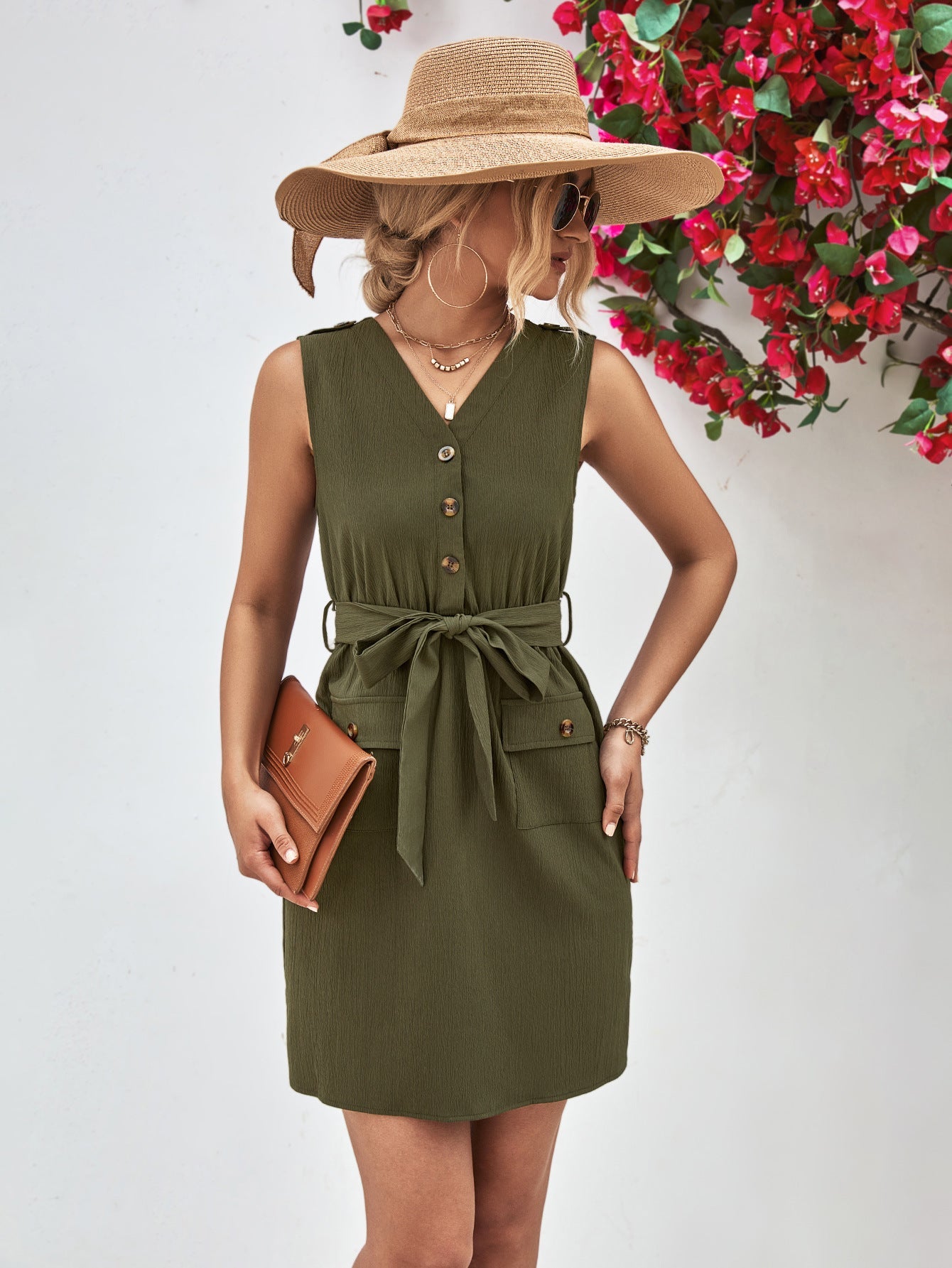 Buttoned V - Neck Belted Sleeveless Dress - Mervyns