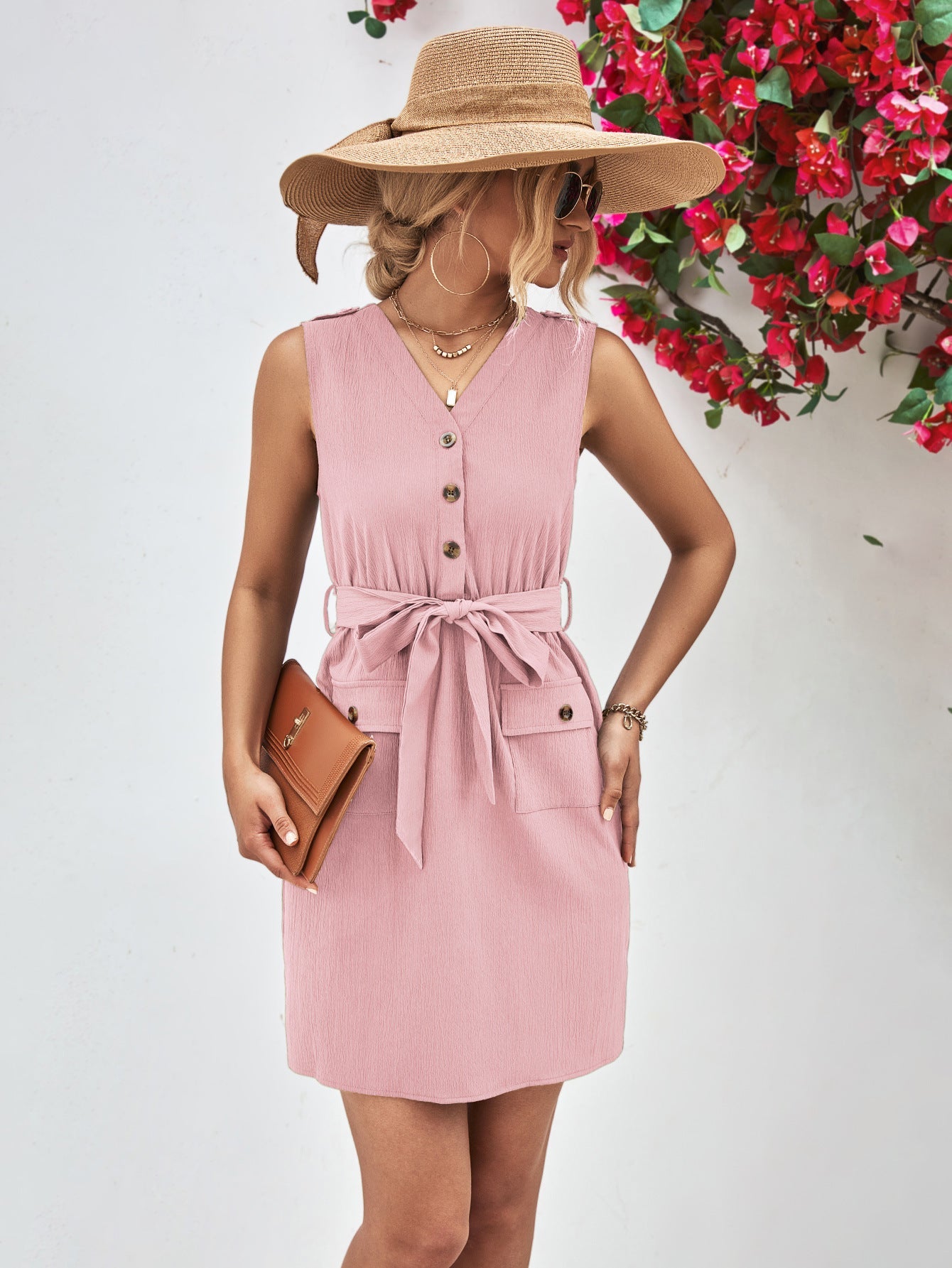 Buttoned V - Neck Belted Sleeveless Dress - Mervyns