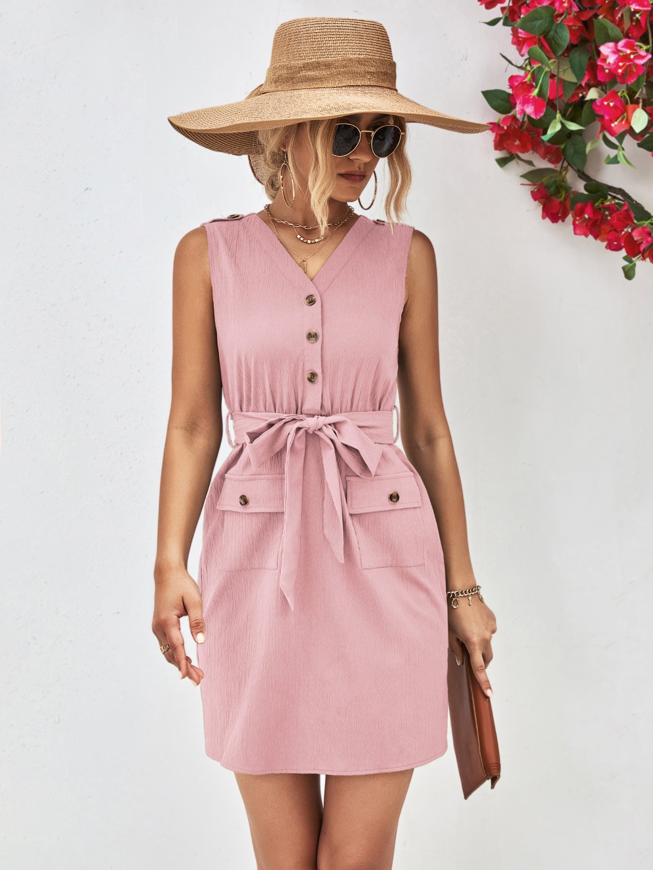 Buttoned V - Neck Belted Sleeveless Dress - Mervyns