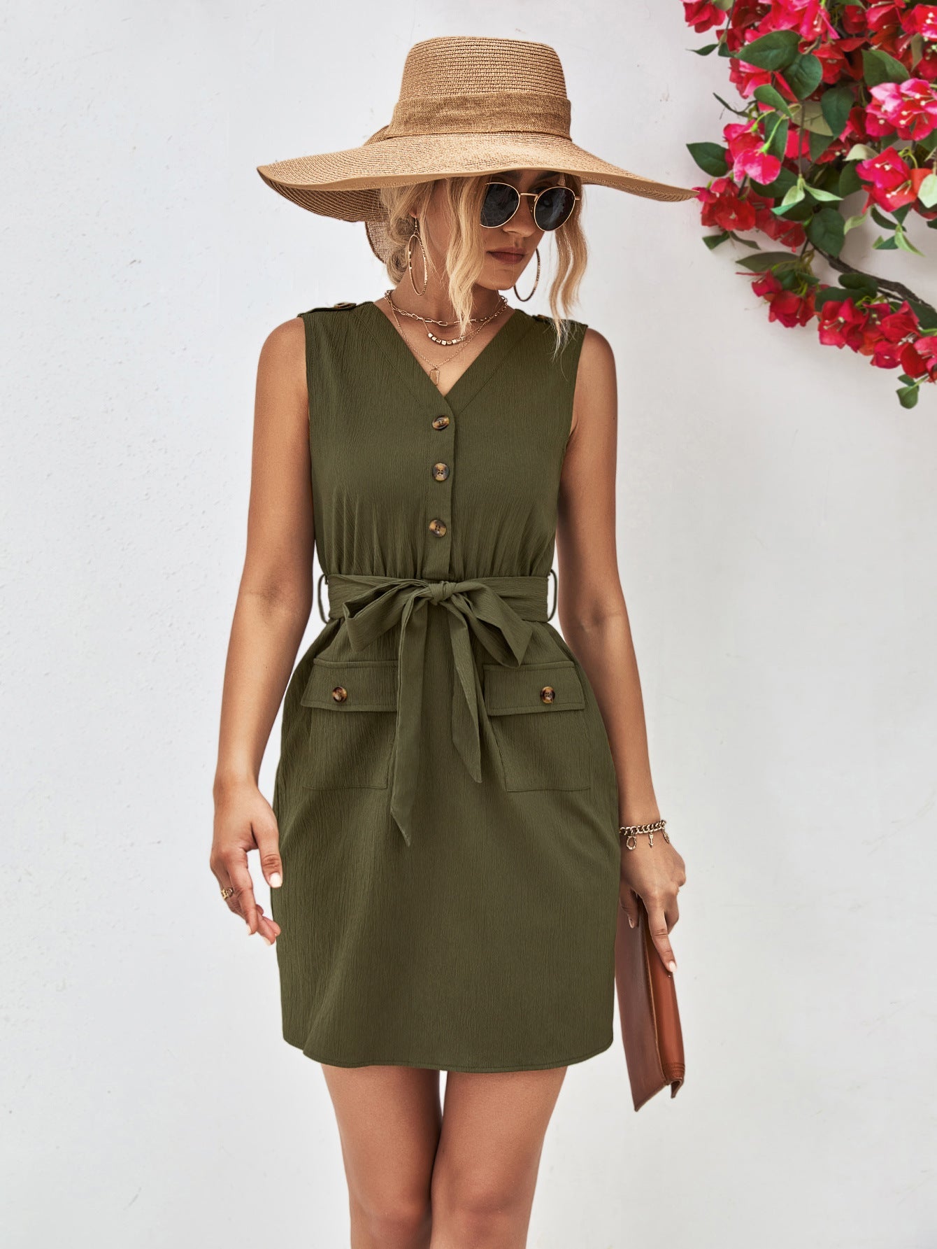 Buttoned V - Neck Belted Sleeveless Dress - Mervyns