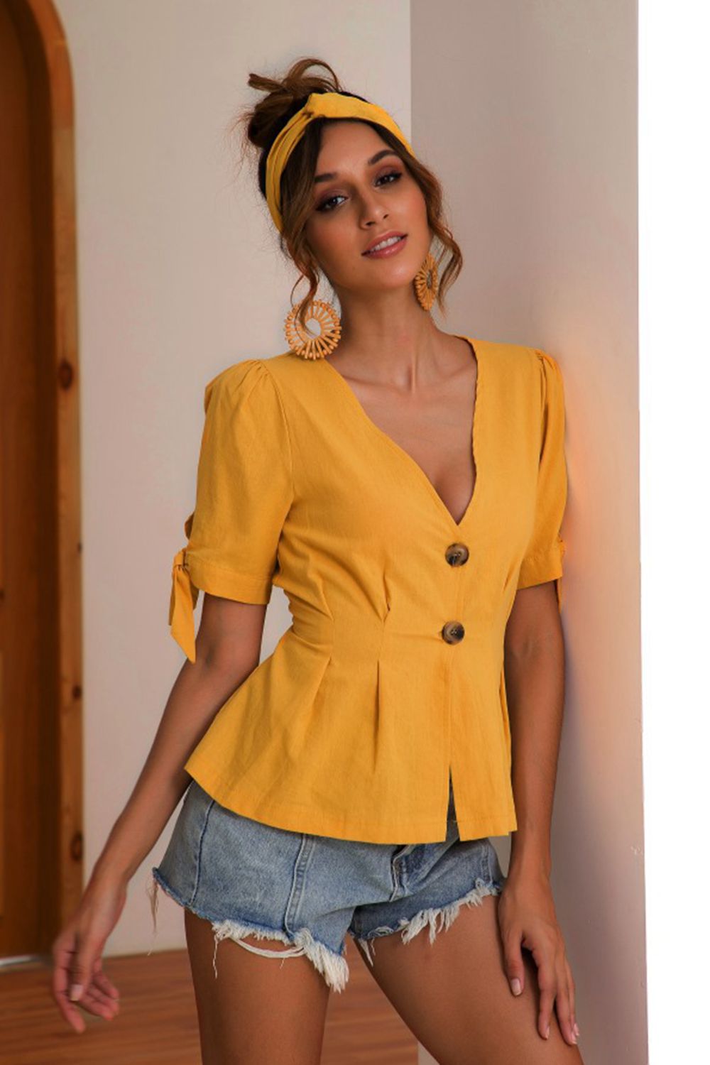 Buttoned V - Neck Short Sleeve Blouse - Mervyns