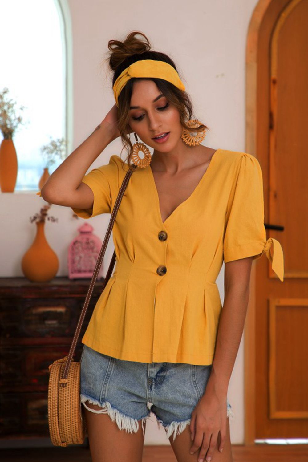 Buttoned V - Neck Short Sleeve Blouse - Mervyns