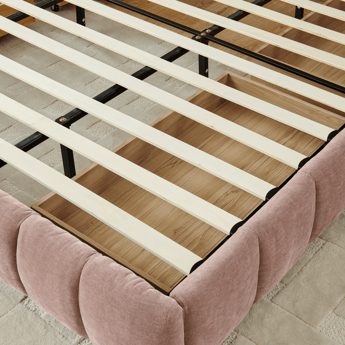 California King size Upholstered Bed ,comfortable upholstered bed frame, Chenille fabric, with headboard and solid bed frame. With drawer for storage.-Pink(90.5''*80.5''*31'') - Mervyns