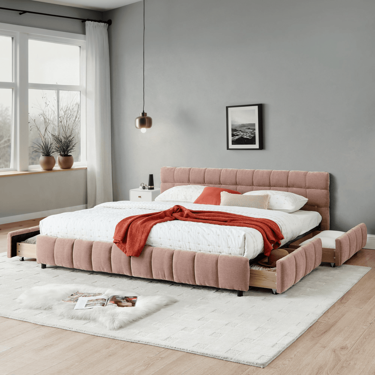 California King size Upholstered Bed ,comfortable upholstered bed frame, Chenille fabric, with headboard and solid bed frame. With drawer for storage.-Pink(90.5''*80.5''*31'') - Mervyns