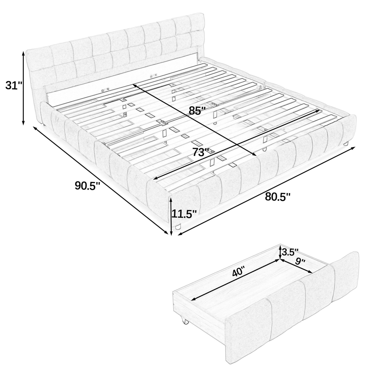 California King size Upholstered Bed ,comfortable upholstered bed frame, Chenille fabric, with headboard and solid bed frame. With drawer for storage.-Pink(90.5''*80.5''*31'') - Mervyns