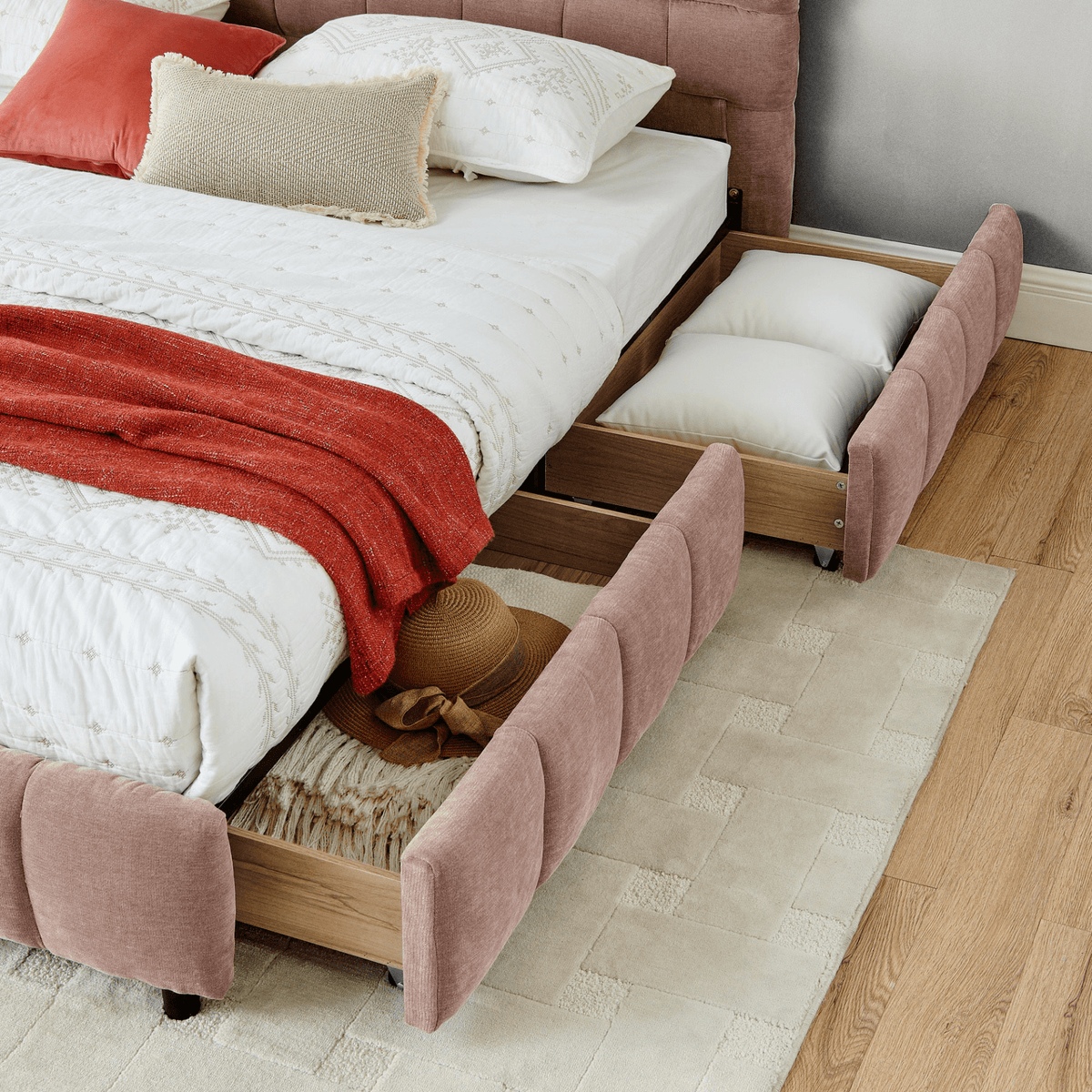 California King size Upholstered Bed ,comfortable upholstered bed frame, Chenille fabric, with headboard and solid bed frame. With drawer for storage.-Pink(90.5''*80.5''*31'') - Mervyns