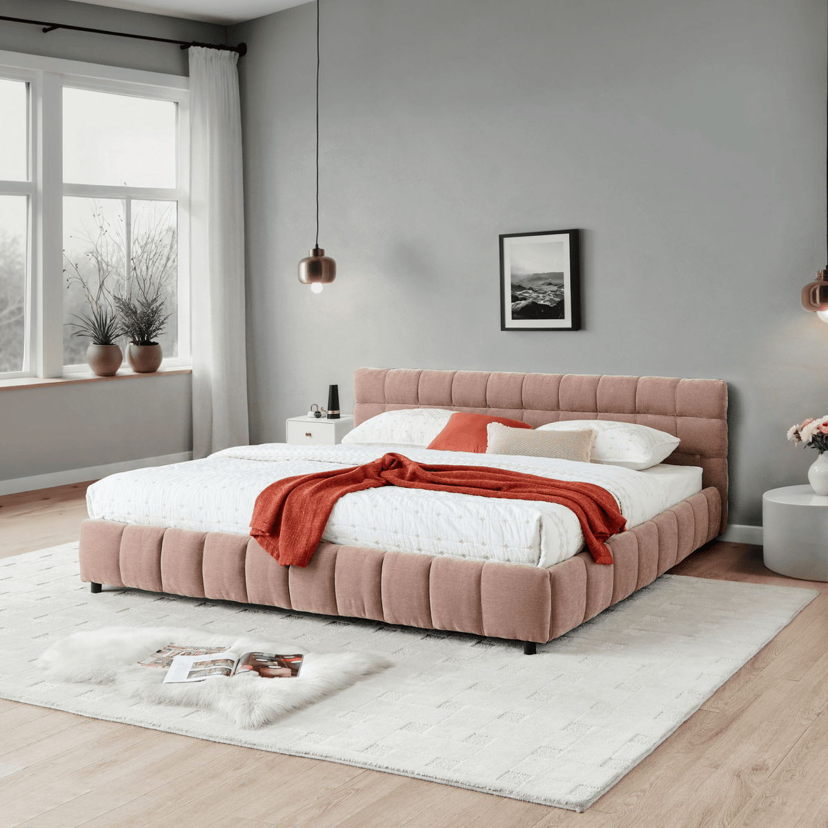 California King size Upholstered Bed ,comfortable upholstered bed frame, Chenille fabric, with headboard and solid bed frame. With drawer for storage.-Pink(90.5''*80.5''*31'') - Mervyns