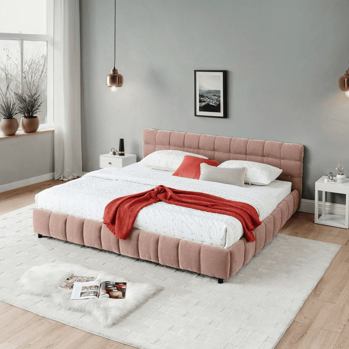 California King size Upholstered Bed ,comfortable upholstered bed frame, Chenille fabric, with headboard and solid bed frame. With drawer for storage.-Pink(90.5''*80.5''*31'') - Mervyns