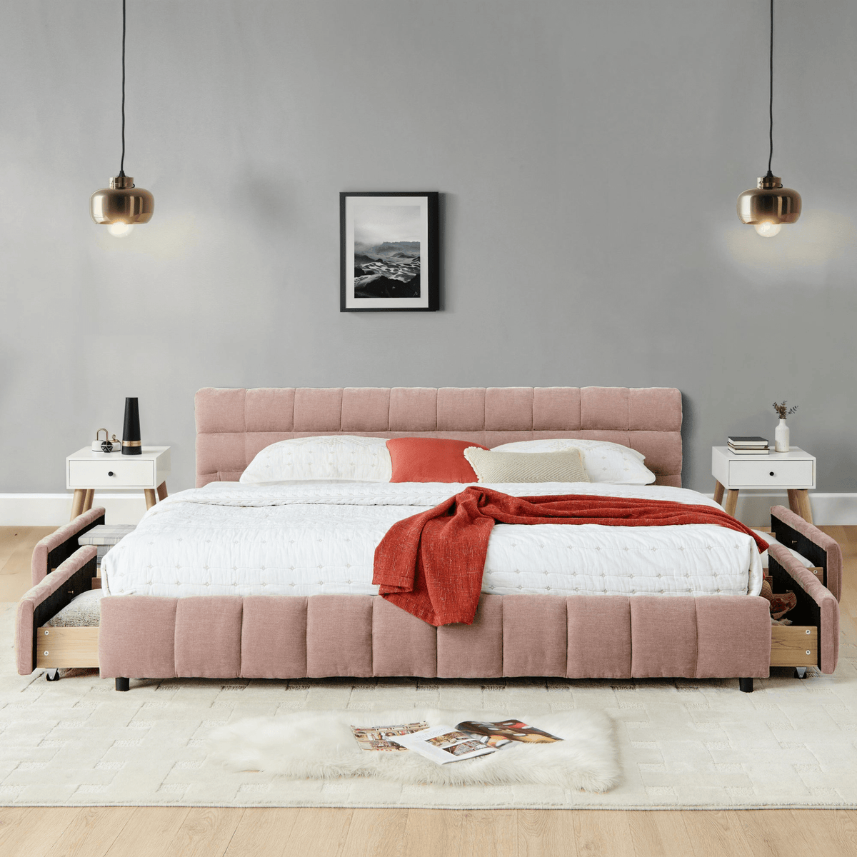California King size Upholstered Bed ,comfortable upholstered bed frame, Chenille fabric, with headboard and solid bed frame. With drawer for storage.-Pink(90.5''*80.5''*31'') - Mervyns