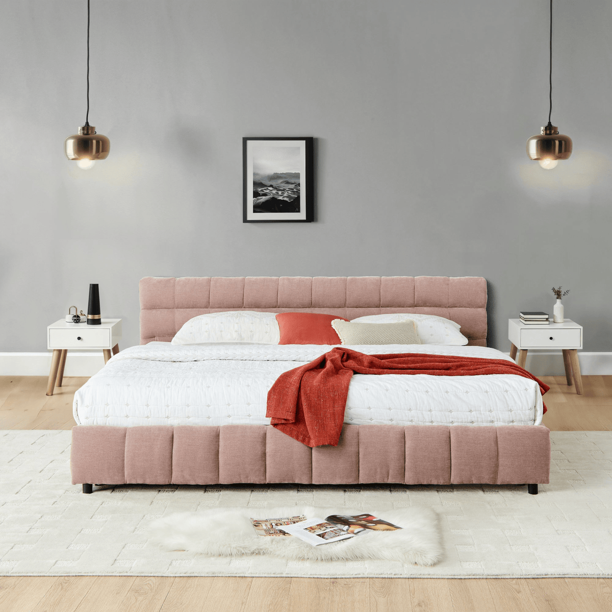 California King size Upholstered Bed ,comfortable upholstered bed frame, Chenille fabric, with headboard and solid bed frame. With drawer for storage.-Pink(90.5''*80.5''*31'') - Mervyns