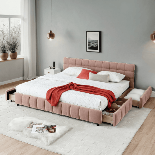 California King size Upholstered Bed ,comfortable upholstered bed frame, Chenille fabric, with headboard and solid bed frame. With drawer for storage.-Pink(90.5''*80.5''*31'') - Mervyns