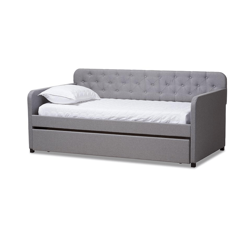 Camelia Modern and Contemporary Grey Fabric Upholstered Button - Tufted Twin Size Sofa Daybed with Roll - Out Trundle Guest Bed - Mervyns