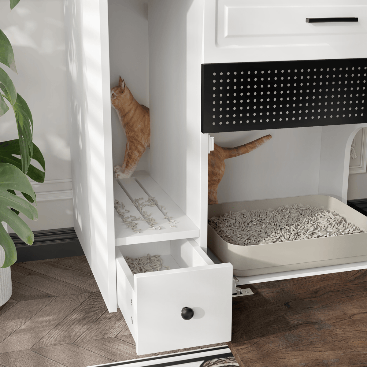Cat Litter Box Enclosure, Indoor Hidden Cat Litter Box Furniture with 2 Drawers and Door, Cat House End Table for Living room, White and Brown - Mervyns